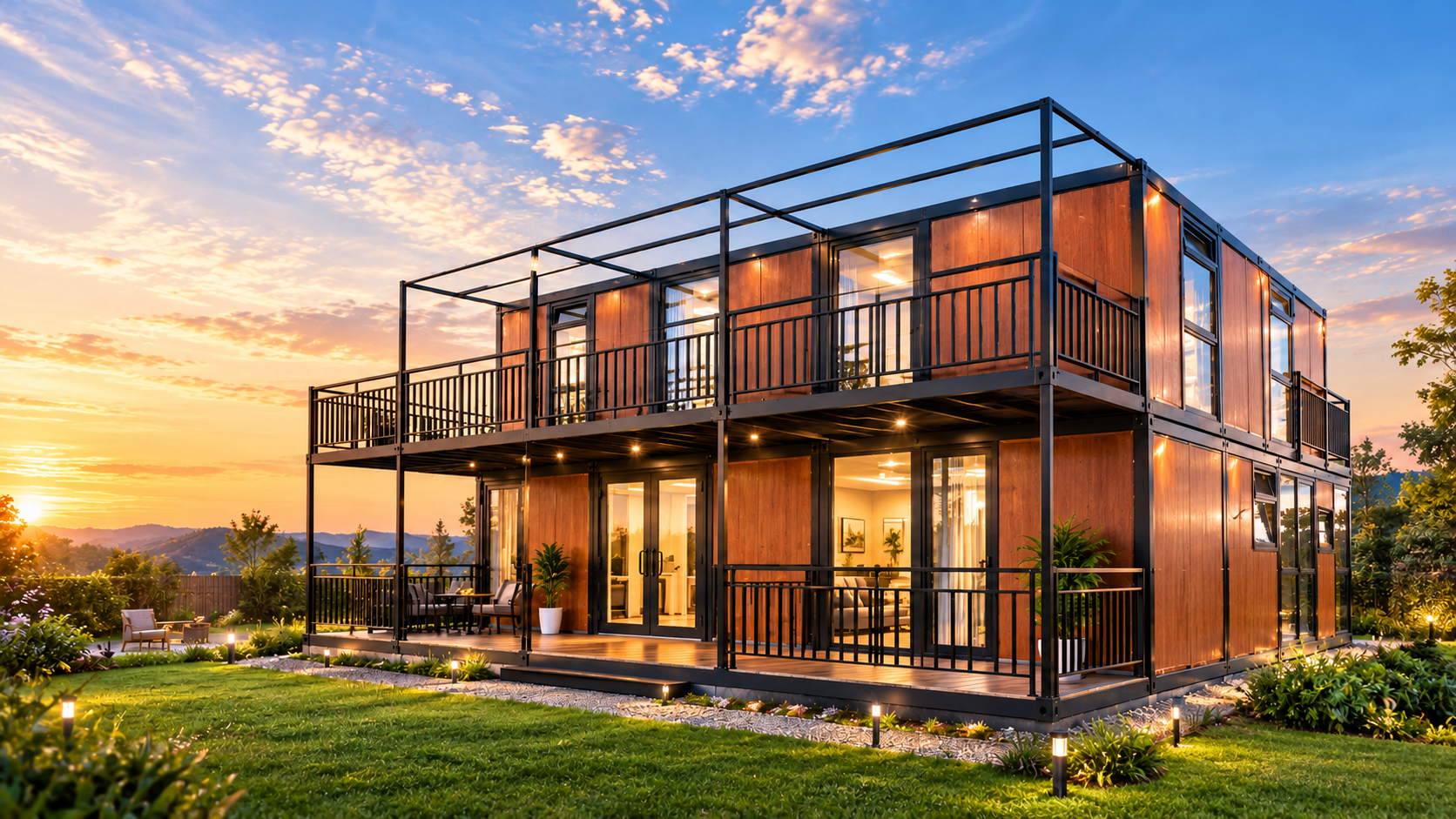 Two-Story Expandable House at golden sunset